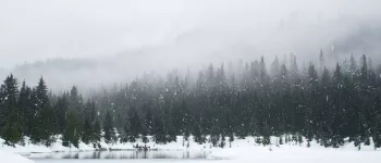 Snow falls on a pond in Washington state Snow falls on a pond in Washington state
